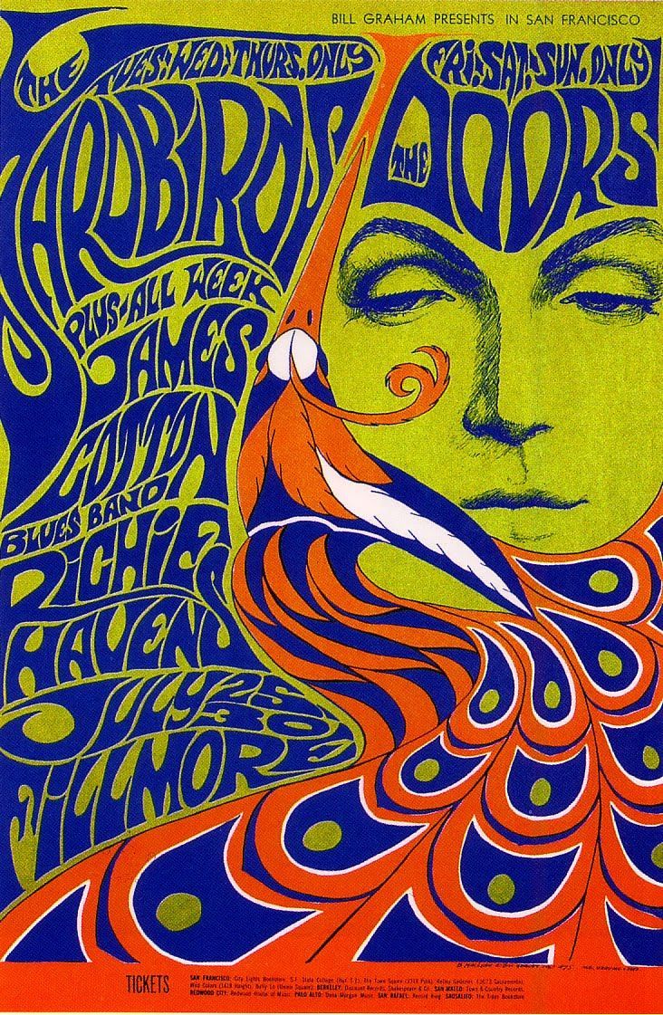 an old concert poster with a woman's face