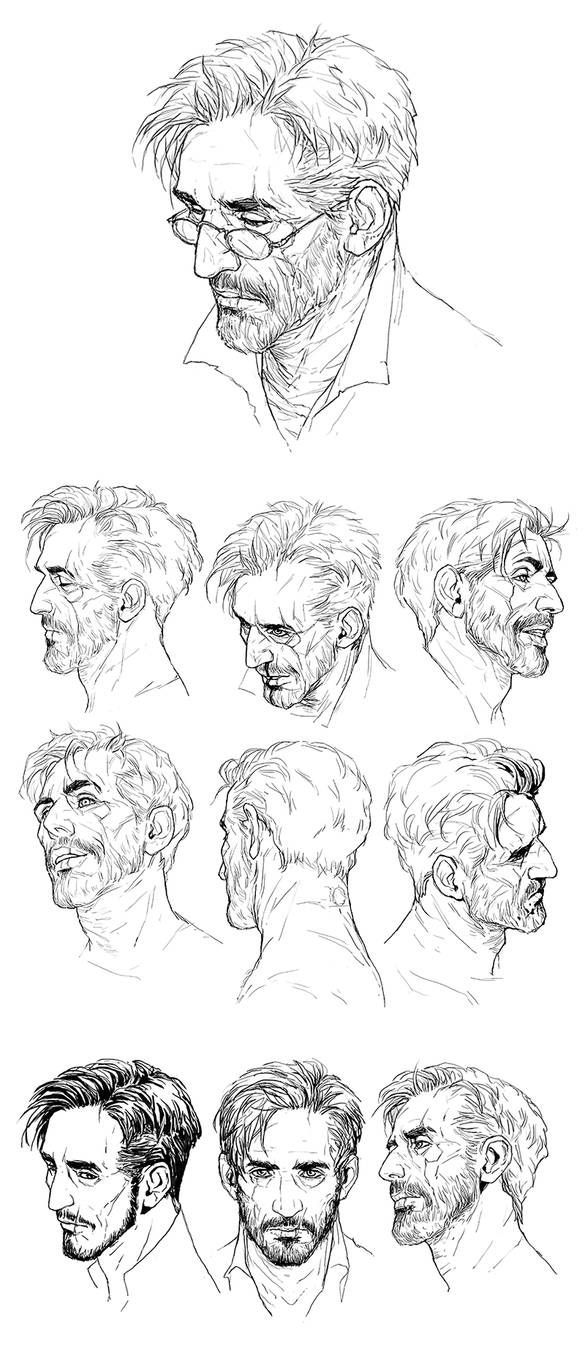 some sketches of the head and shoulders of a man