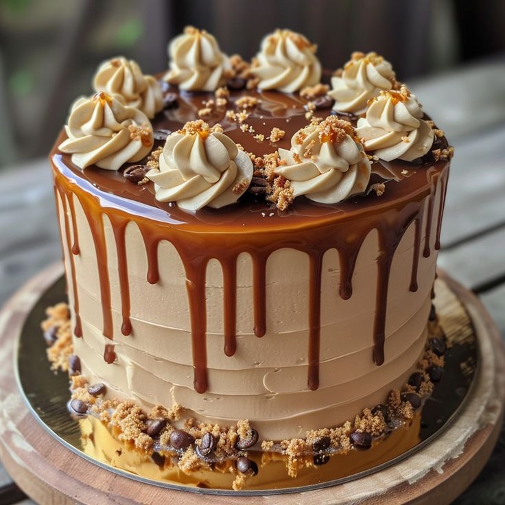 a chocolate cake with white frosting and caramel drizzled on top