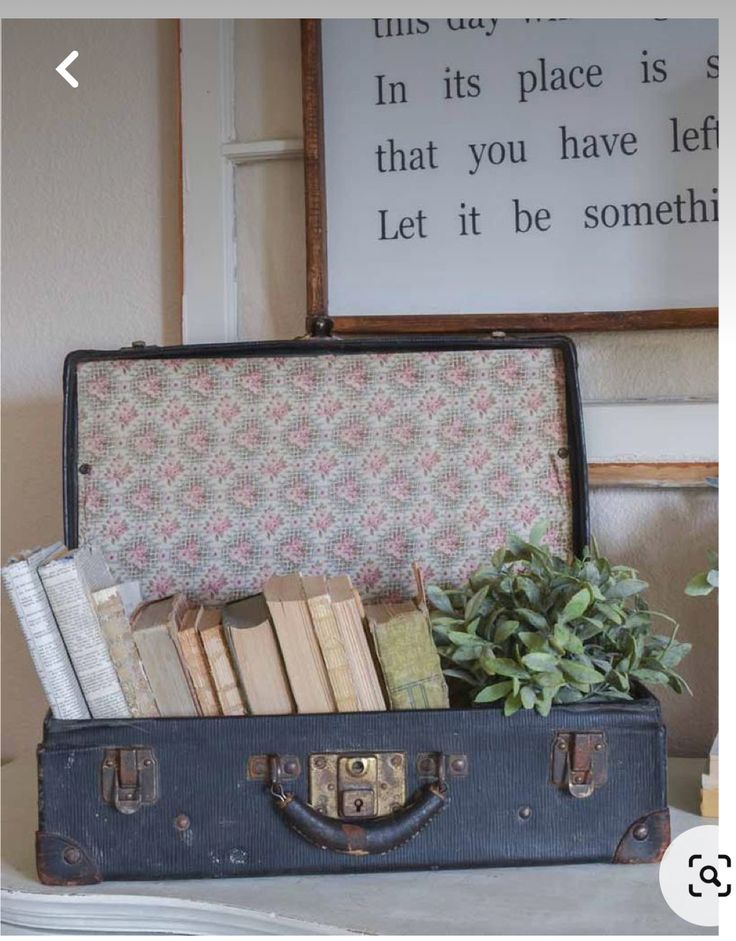 an old suitcase filled with books on top of a table next to a potted plant