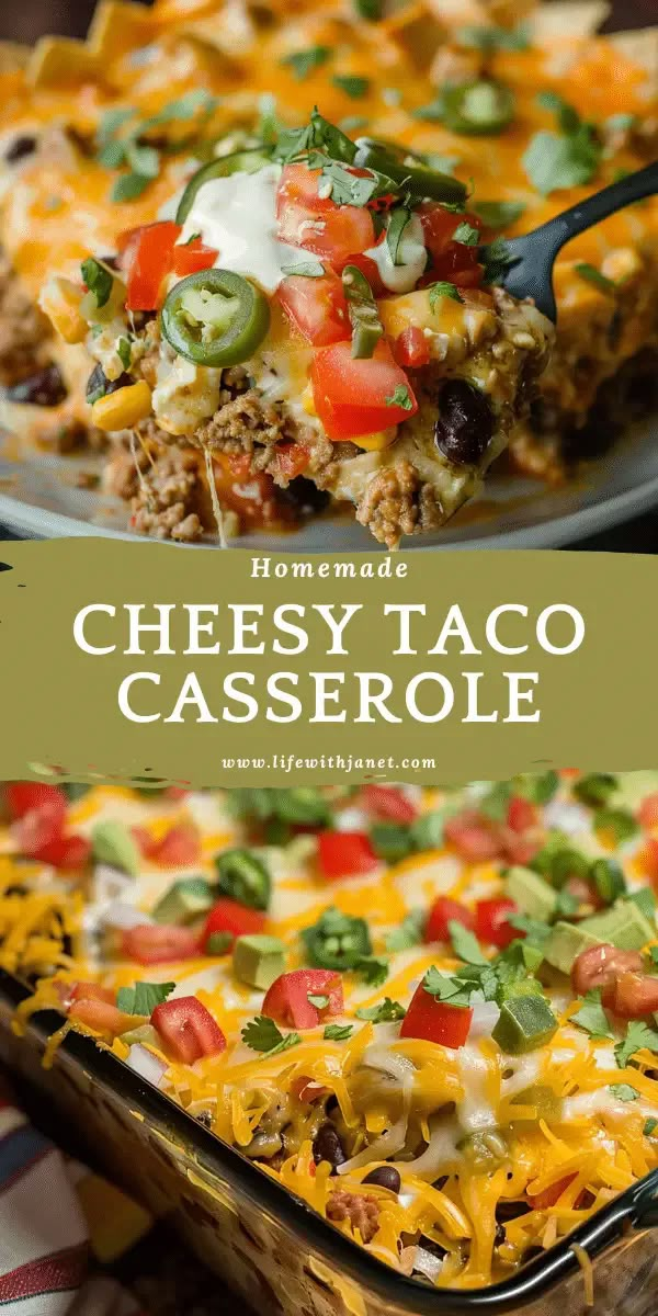 homemade cheesy taco casserole in a baking dish