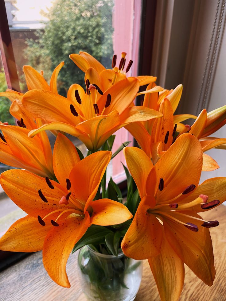 some orange flowers are in a vase on a table