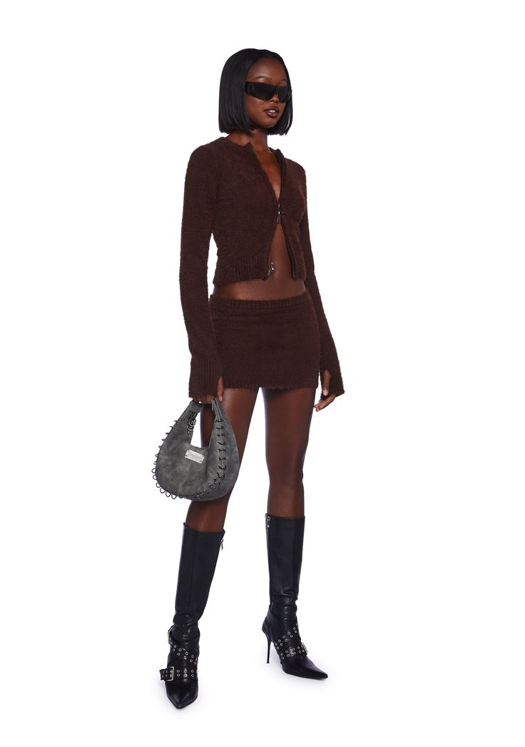 Look chic and sleek in this skirt set that includes a cardigan that has a super soft fuzzy knit construction, long sleeves with thumbhole cuffs, a double zipper closure, and a matching mini skirt. Fall Matching Sets, Skirt Set With Boots, Justine Skye Style, Reveal Outfits, Gender Reveal Outfits, Kiss Outfits, Nude Skirt, Punk Pants, Sweater Skirt Set