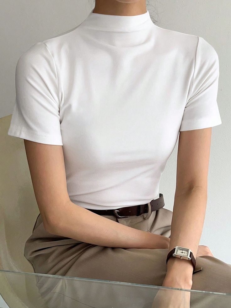 Women's Plain Short Sleeve Stand Collar T-Shirt White Casual  Short Sleeve Fabric Plain  Slight Stretch  Women Clothing, size features are:Bust: ,Length: ,Sleeve Length: Short Sleeve White Shirts, White Outfits For Women Casual Simple, Business Casual Shirts Women, White Tops For Women Classy, White Top Outfit Classy, Basic Shirts Women, White Basic Top, White T Shirts For Women, Basic Tops For Women