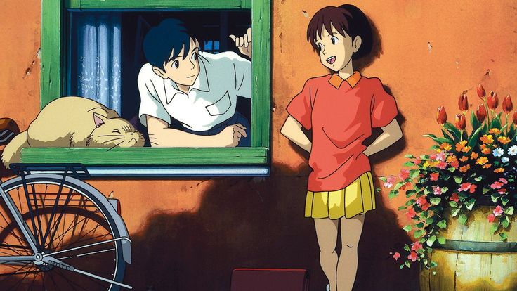 an anime scene with two people and a cat looking out the window at another person