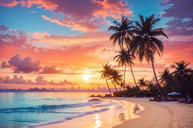 the sun is setting over an ocean with palm trees and lounge chairs on the beach