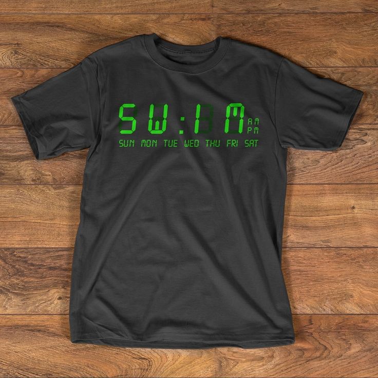 a black t - shirt with the words swim on it and green letters that spell out,