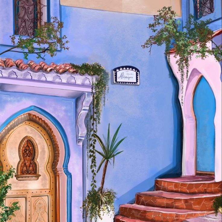 an artistic painting of stairs leading up to a blue building with arches and doorways