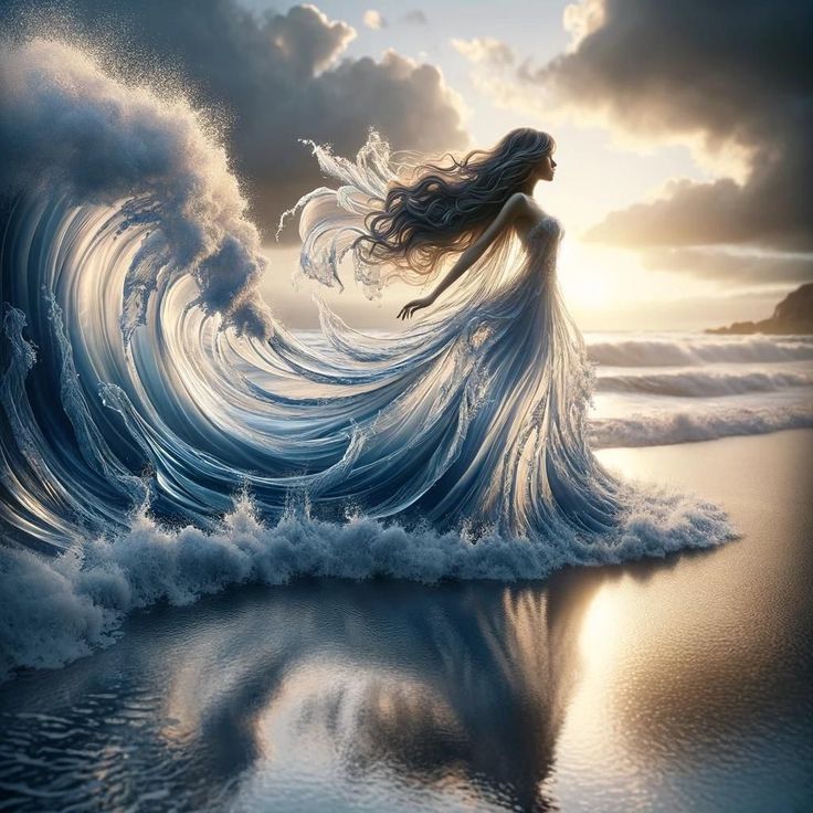 a woman is standing in the ocean with her hair blowing in the wind and waves behind her