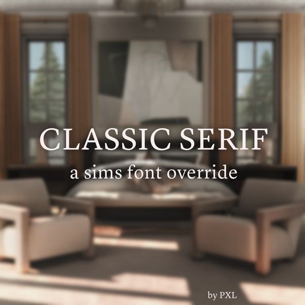 the words classic serif are in front of an image of a living room with two chairs and a coffee table