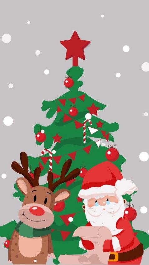 santa and his reindeer are sitting in front of a christmas tree