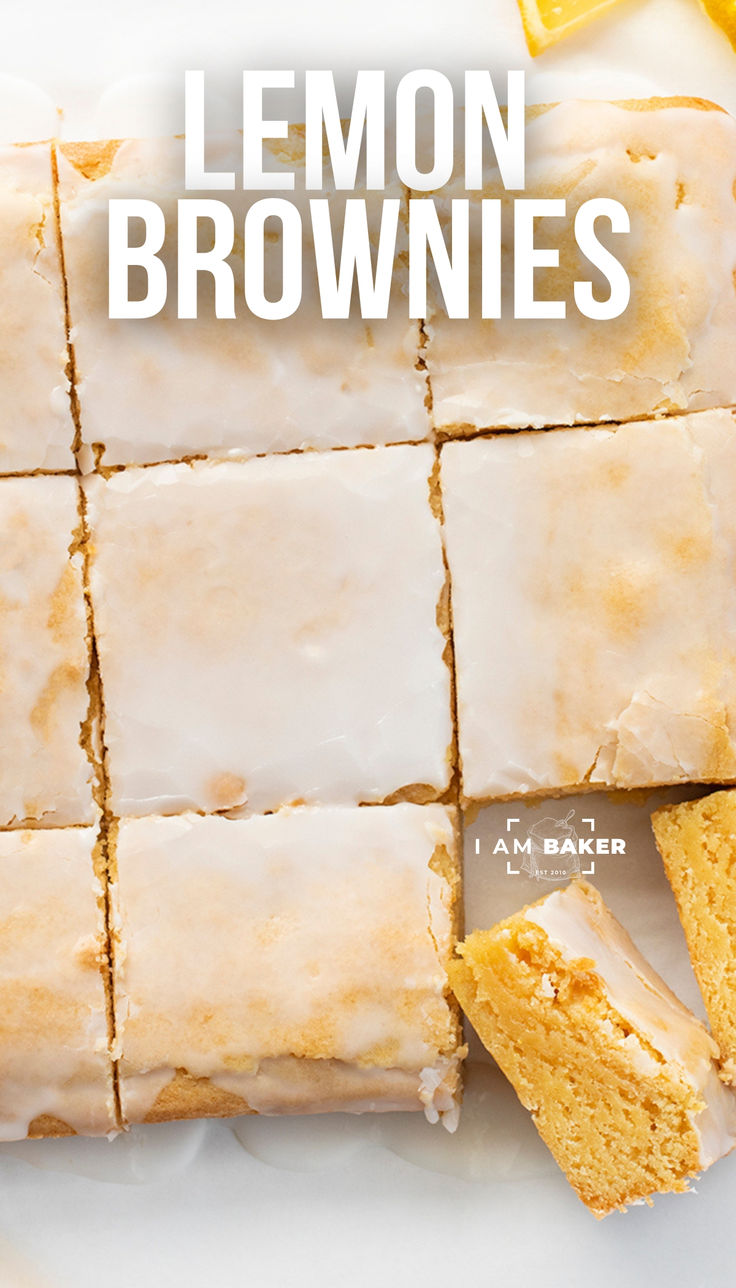 lemon brownies cut into squares on a white plate