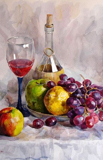 a painting of grapes, apples and wine on a table