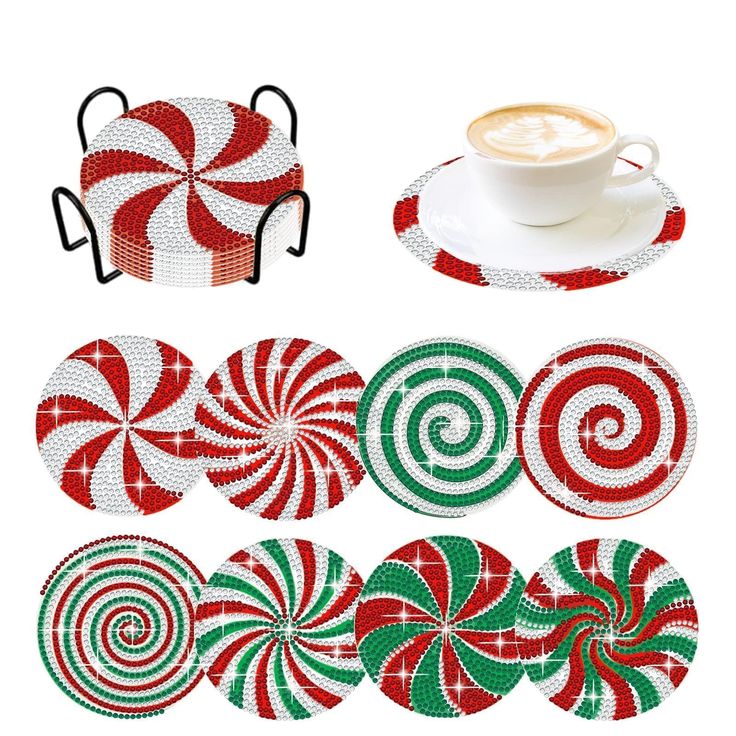 christmas coasters with candy cane pattern and coffee cup holder on each side, along with an ornament