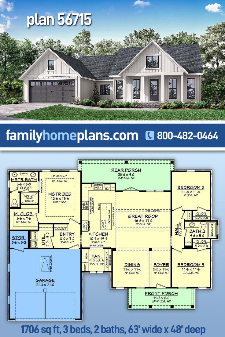 two story house plan with 3 bedroom and 2 bathrooms in the front, an open floor plan