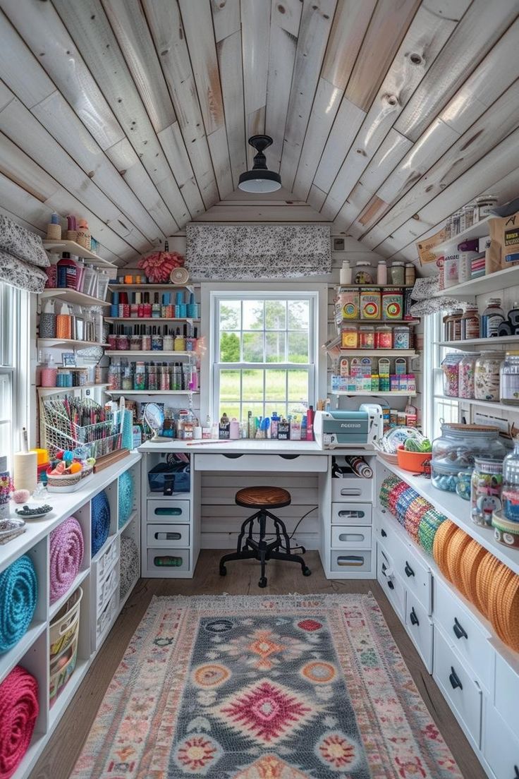 Garage Craft Room Conversion, Sewing Art Room, Shabby Chic She Shed Interior, Organization Ideas For Craft Supplies, She Shed Art Studio Ideas, Craft Shop Ideas, Bead Room Ideas, She Room Ideas, Home Craft Room Ideas