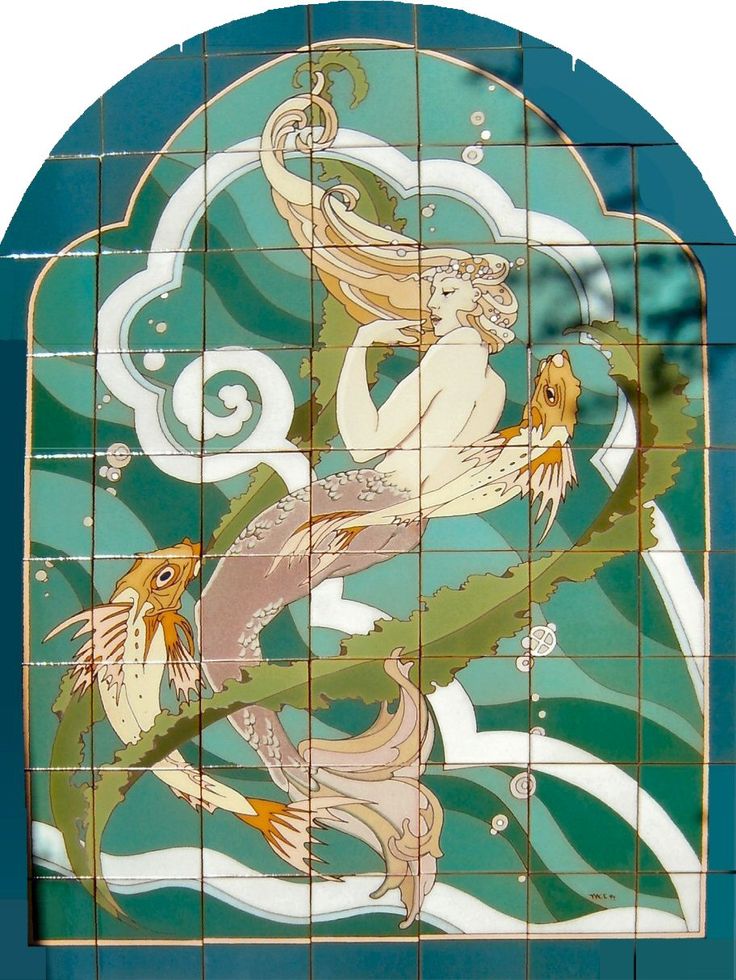 an art nouveau tile panel depicting two mermaids