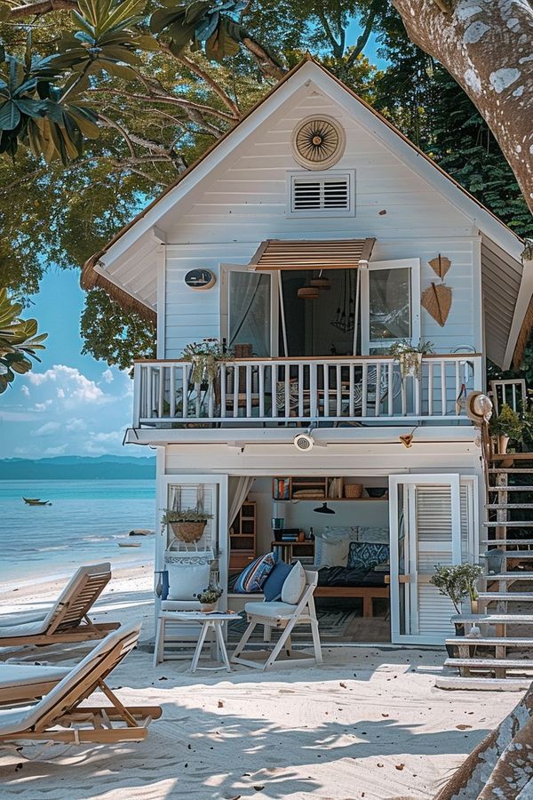 a house on the beach with deck chairs around it