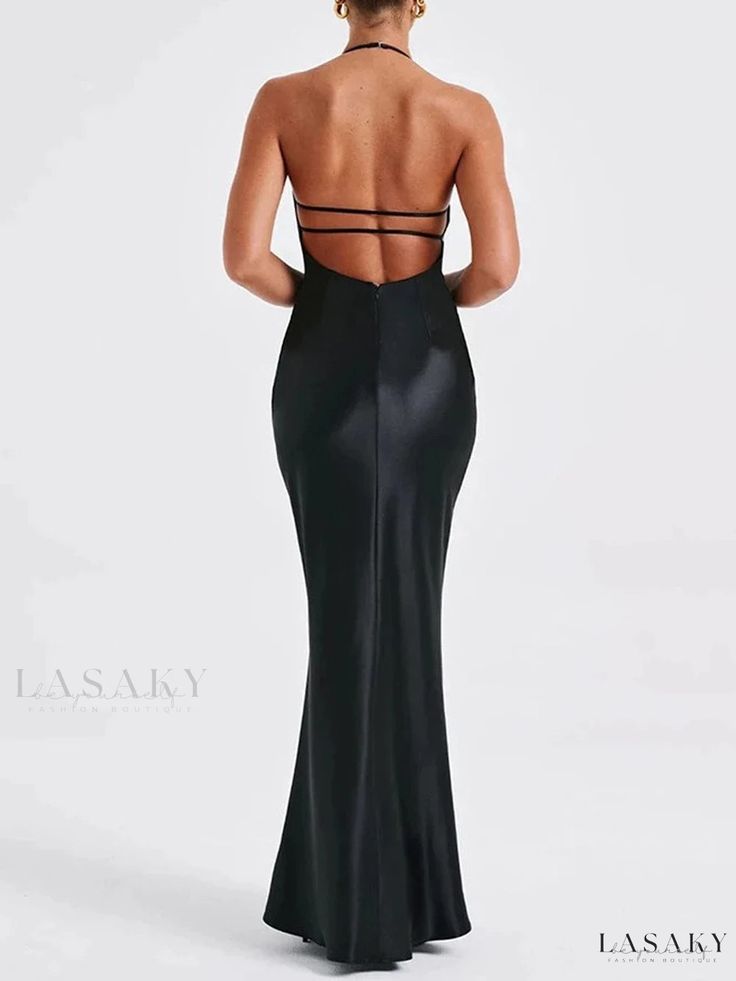 Sensual Backless Maxi Dress by Elizabeth Black Halter Dress Long, Prom Dresses Open Back Long, Black Open Back Prom Dress, Winter Formal Maxi Dress, Black Prom Dress Inspiration, Inverted Triangle Dresses, Backless Gown Evening, Christmas Ball Dresses, Plunge Neck Wedding Dress