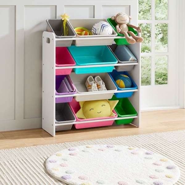 a toy shelf with bins and toys on it