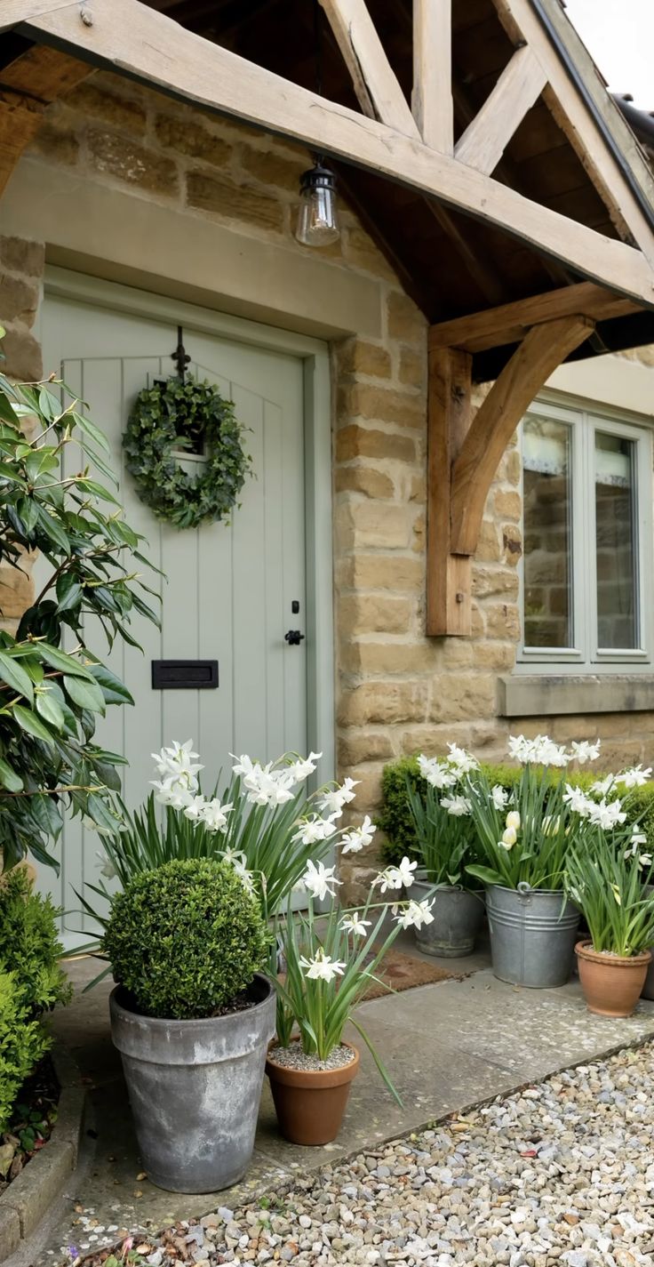 some potted plants and flowers in front of a house