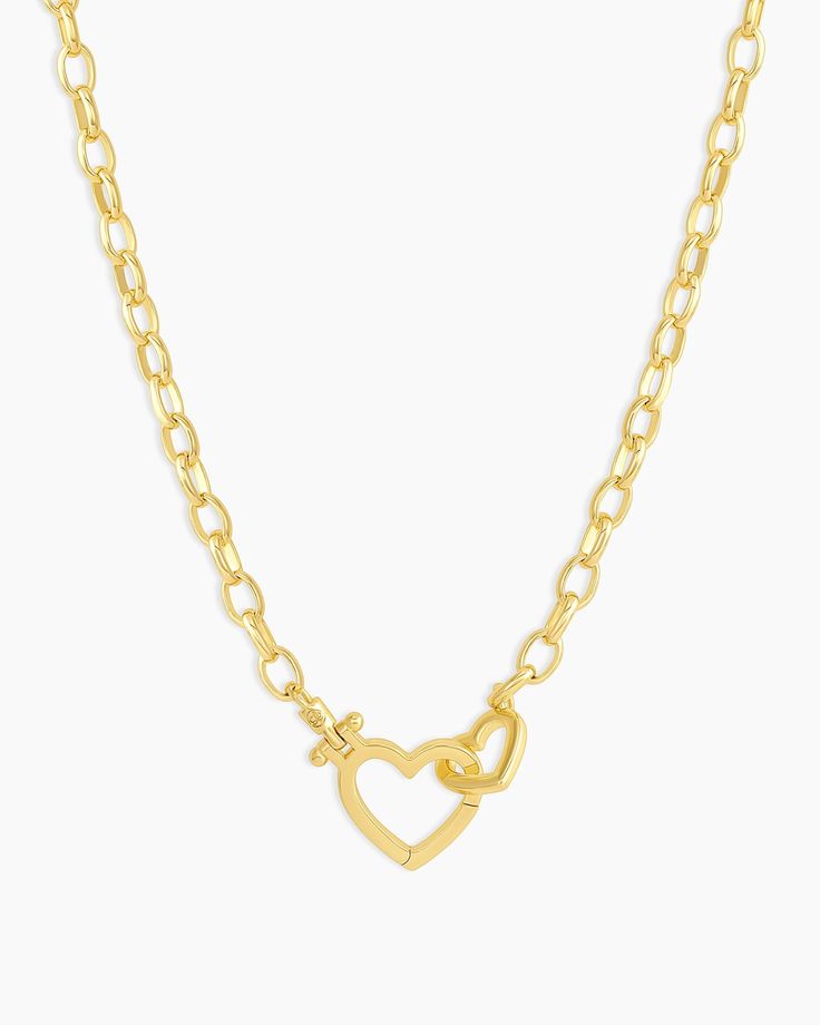 Add a little love to your look with this open heart necklace. Product Details Total length 17" Links measure 3/16" by1/8" Heart hinge closure measures 1/2" Small heart charm measures 3/8" by 5/16" Available in 18k gold plated brass Avoid contact with anything containing derivatives of alcohol | Parker Heart Necklace in Gold, Women's by gorjana Preppy Gold Necklaces, Women Wishlist, Black Labradorite, Orange Agate, Yellow Opal, Iridescent Crystal, Gold Necklaces, Blue Lace Agate, Open Heart