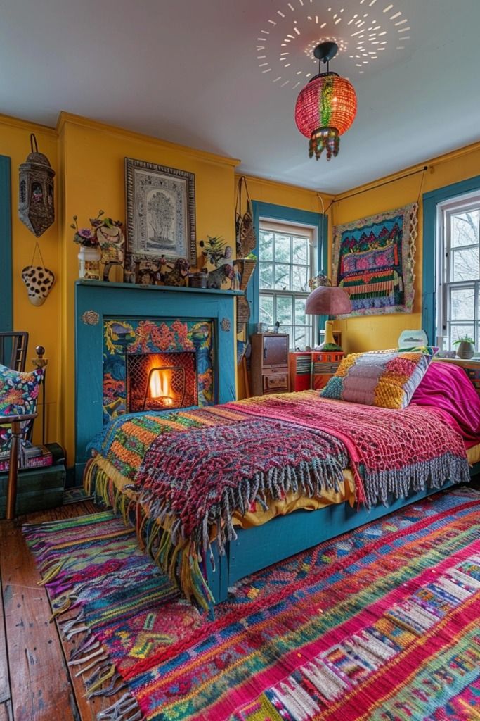 a brightly colored bedroom with a fireplace in the corner and colorful rugs on the floor