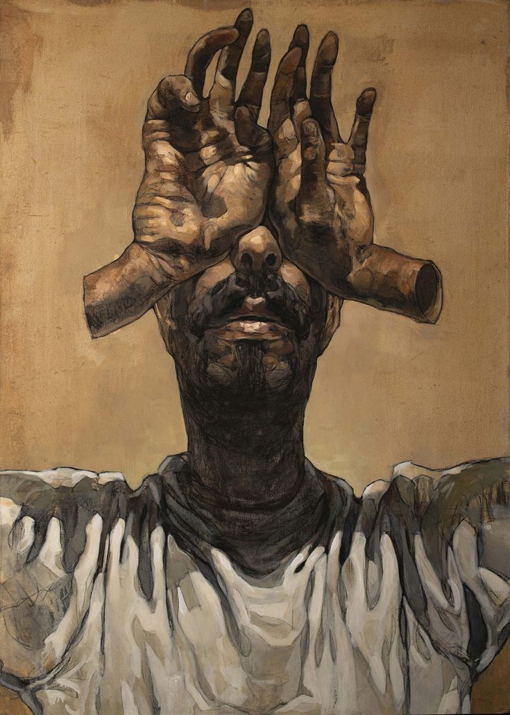 a painting of a man holding his hands up to the side with both hands on top of his head