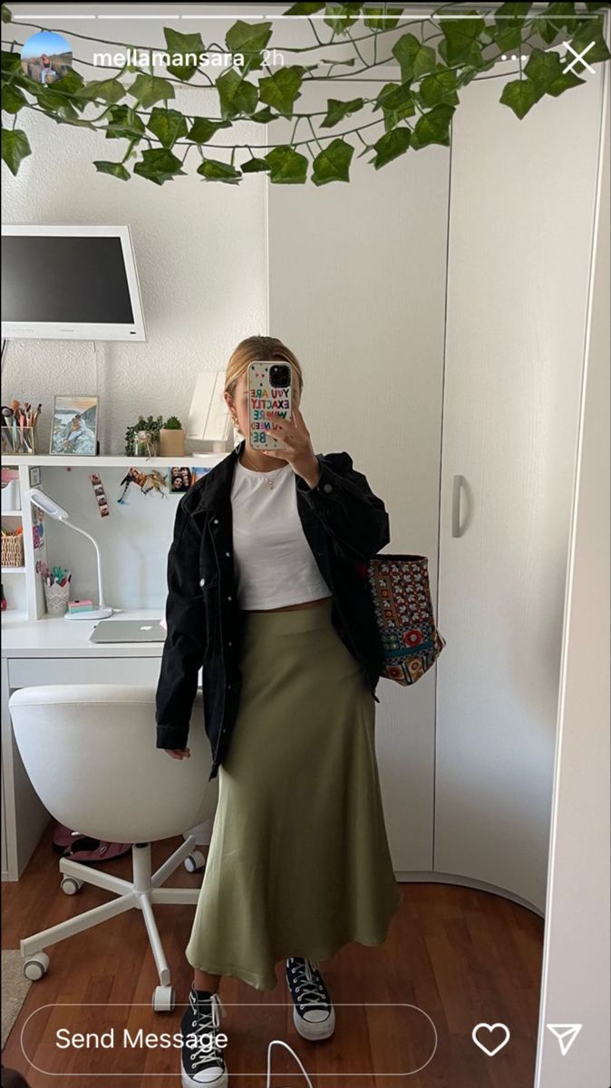 Midi Skirt Modest Outfit, Silk Long Skirts Outfit, Green Silk Midi Skirt, Green Midi Skirt Outfit Fall, Sage Green Silk Skirt Outfit, Silky Green Skirt Outfit, Outfit Ideas With Green Skirt, Work Outfit Midi Skirt, Green Midi Skirt Outfit Winter