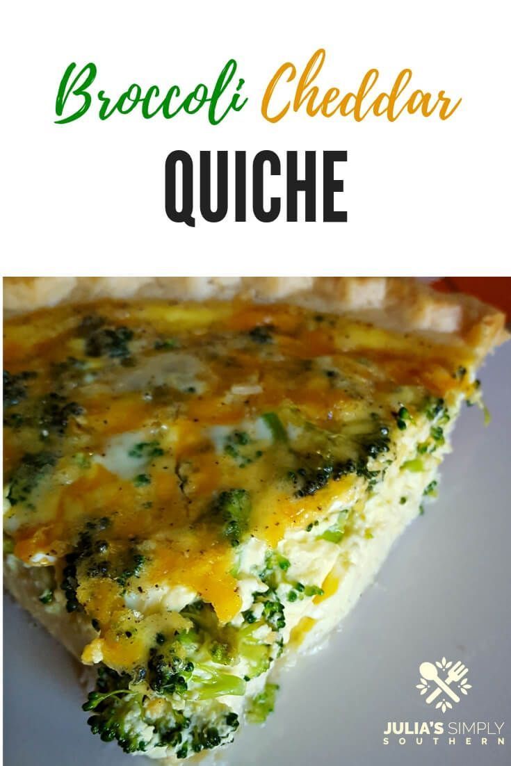 broccoli cheddar quiche on a white plate with text overlay