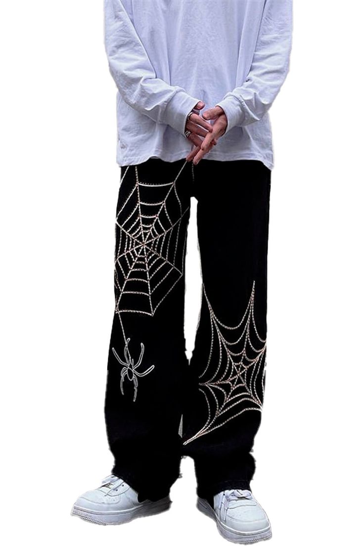 Straight Black Unisex Pants Polyester Elasticated Spider Web Print Spider Clothes Aesthetic, Bleach Pants Design, Spider Web Pants, Spider Aesthetic, Emo Pants, Aesthetic Pants, Bleach Shirt Diy, Skull Pants, Custom Pants