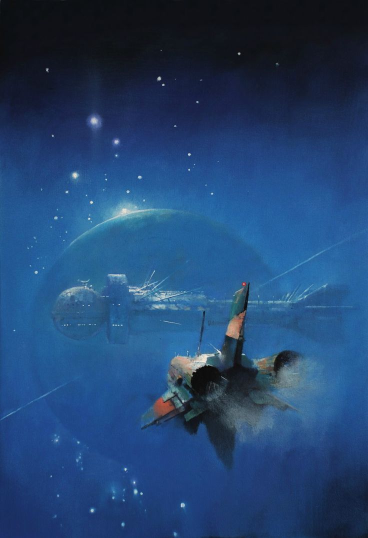 a painting of a fighter jet flying in the sky with another plane below it and stars above