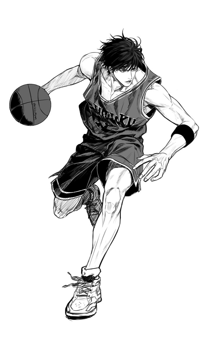 an ink drawing of a basketball player dribbling the ball