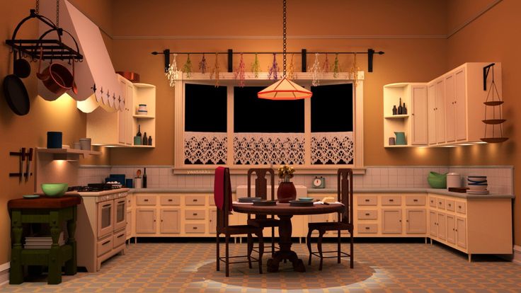 an image of a kitchen setting with chairs and table in the center, lights hanging from the ceiling