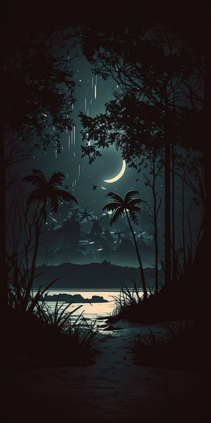 a night scene with palm trees and the moon in the sky above water, on a dark