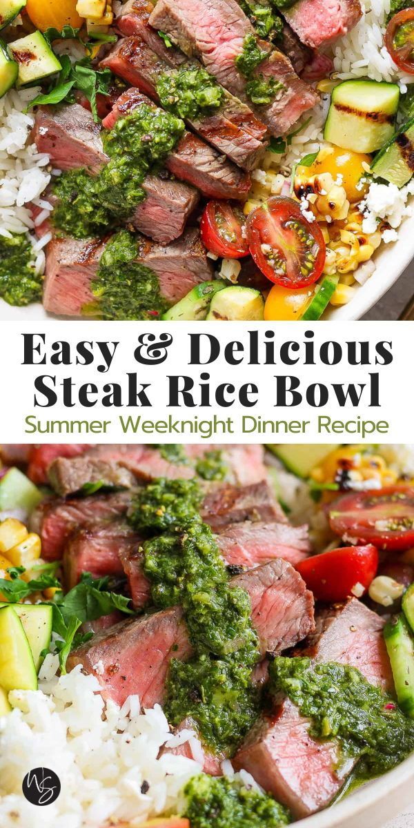 an easy and delicious steak rice bowl with spinach pesto