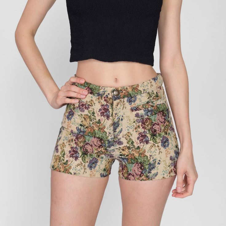 Vintage Y2K mid-rise floral print tapestry shorts. Measurements and Condition:    Fits like: Women's extra small Fabric: Feels like poly/cotton with a polyester lining  Brand: None Condition: Excellent   Waist: 27" Hips: 35" to 36" - taken at the bottom of the zipper opening Rise: 10.25" Inseam: 2.25" Shown on a 5'9" model with measurements of 33"-24"-37", usually wears size XS to small. See our FAQ for more info on sizing and condition ratings. Tapestry Shorts, Floral Tapestry, Printed Tapestries, Skorts, Flower Print, Short Outfits, Flower Prints, Vintage Y2k, Mid Rise