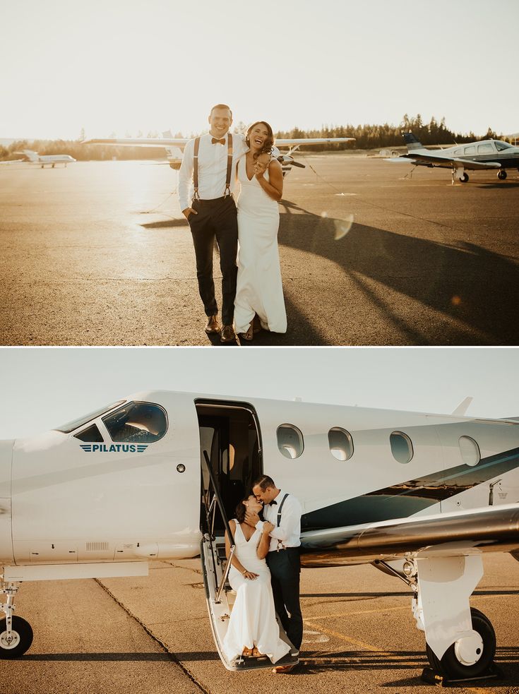 a bride and groom standing in front of an airplane on the tarmac at sunset