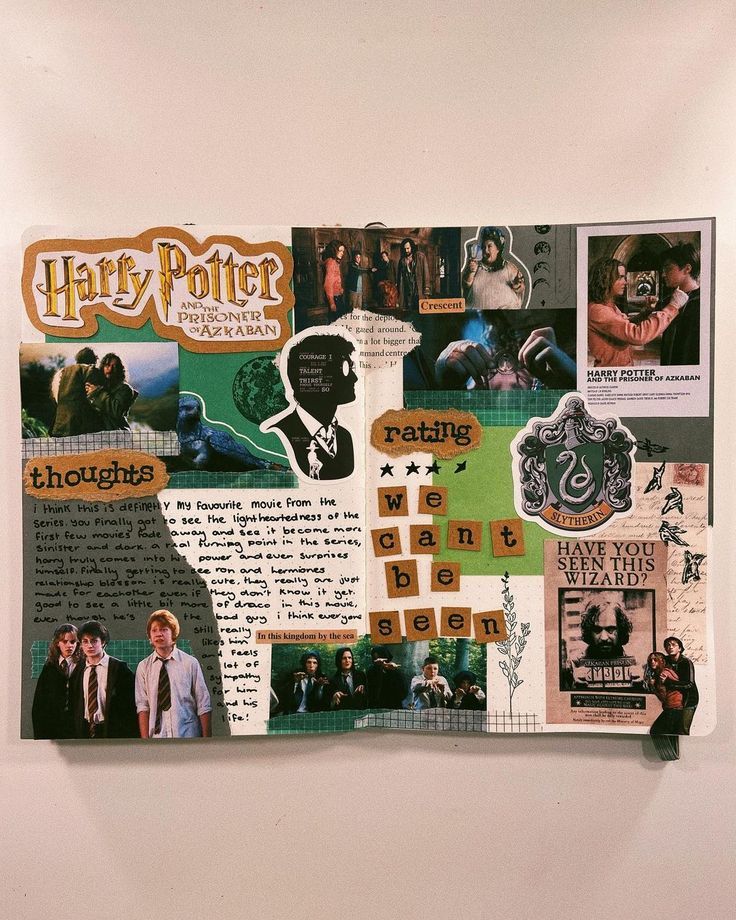 a collage of harry potter images and stickers on a white wall with a person standing next to it