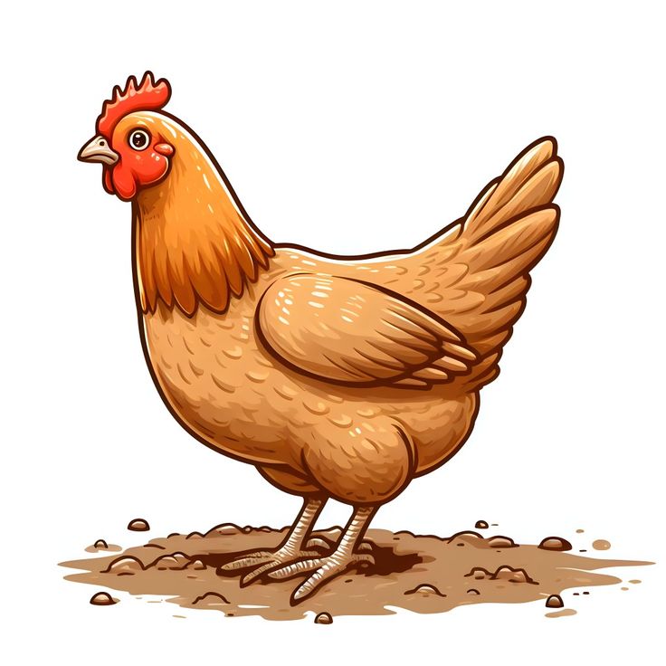 a cartoon chicken standing on the ground with dirt around it's legs and feet