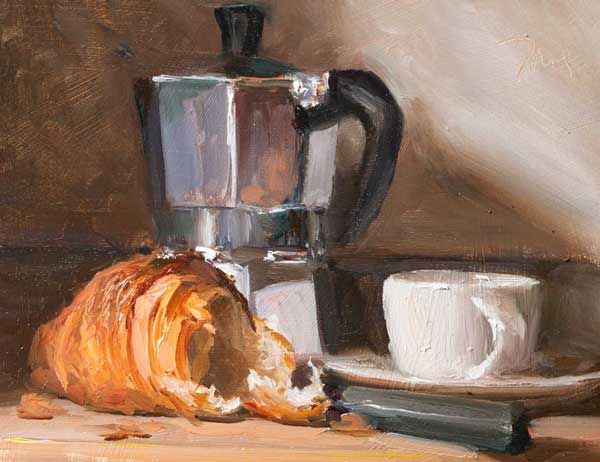 an oil painting of bread and coffee on a table