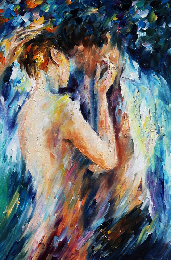 a painting of two people embracing each other