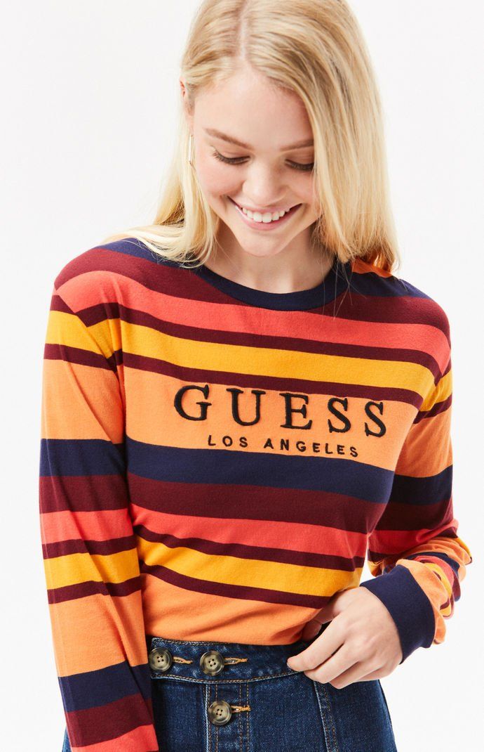 Guess Clothing | PacSun Guess Fashion, Guess Clothing, Guess Shirt, Striped T Shirt, Loose Outfit, Printed Denim, Blazer Fashion, Casual Tee, Logo Embroidery