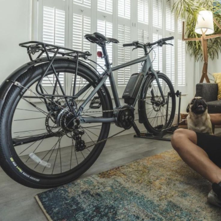 a man sitting on the floor with his dog next to a bike in front of him