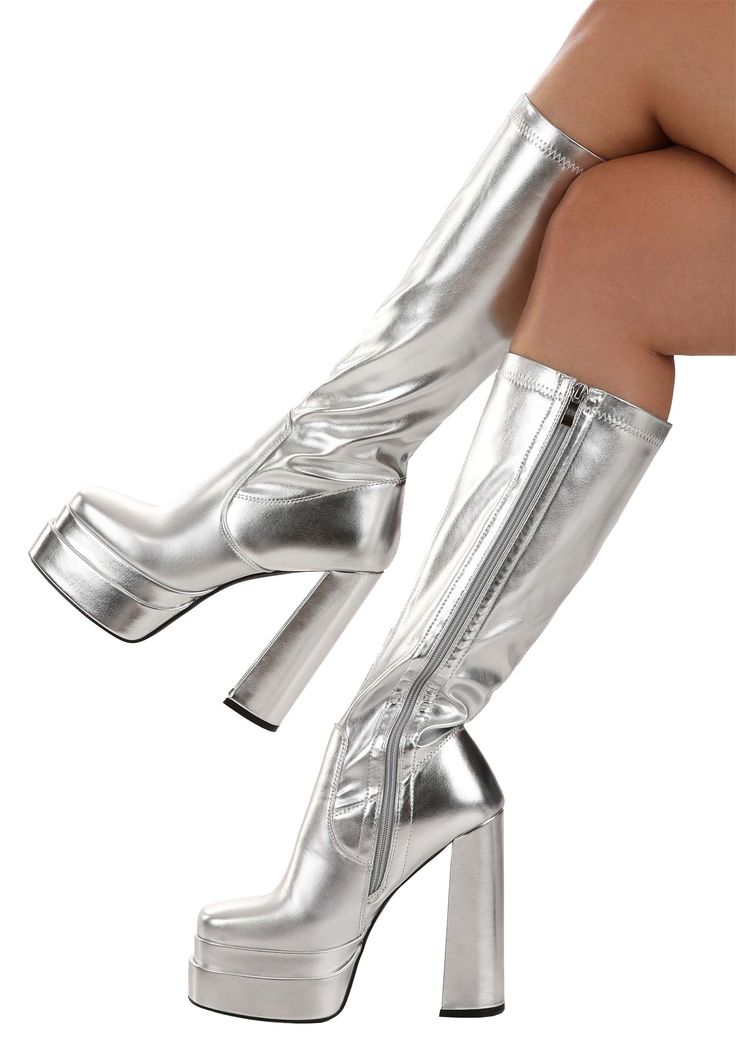 Glittering Aspirations Ever thought your feet were too humble? Just too down-to-earth and unassuming? Well, these Deluxe Silver Gogo Boots are here to say, "Who cares about modesty?" These boots are for when you want to make a statement, and that statement is, "Look at my feet!" With a ton of silver and bold style, they're an easy choice for any dance party! Design & Details Made of all man-made materials, because nature didn't dare to shine this bright. The faux leather uppers are finished with Shine Like A Star, Silver Boots, Peacock Dress, Gogo Boots, Metal Clothing, Glamorous Style, Who Cares, Down To Earth, Silver Heels