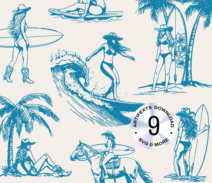 a blue and white drawing of people on surfboards, horses, and palm trees