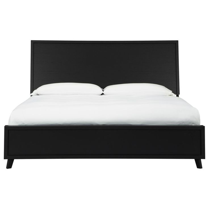 a black bed with white sheets and pillows on top of the headboard, in front of a white background