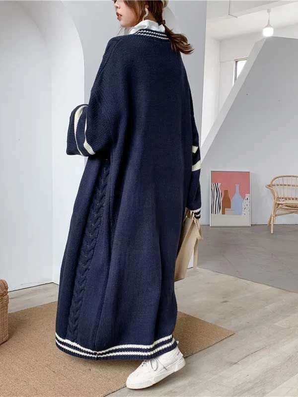 Casual Open Stitch Striped Long Sweater Cardigan with Pockets - SHExFAB Casual Navy Outerwear With V-neck, Casual Long Knitted Cardigan, Casual Long Knitted Outerwear, Casual Long Sweater Coat, Long Knitted Outerwear For Layering, Oversized Casual Long Cardigan, Oversized Long Cardigan In Casual Style, Oversized Casual Long Coat Cardigan, Casual Oversized Long Coat Cardigan