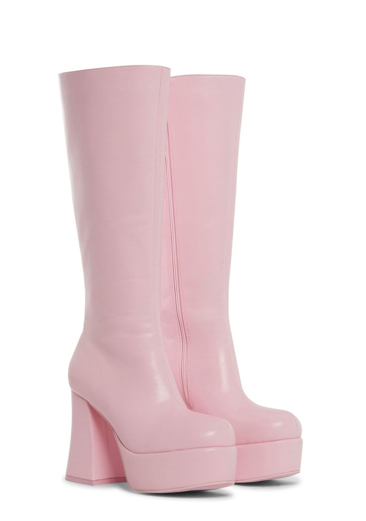 Turn heads with these boots that have a vegan leather construction, platform soles, block heels, inner elastic side panels, and side zipper closures. Light Pink Knee High Boots, Short Gogo Boots Outfit, Pink Go Go Boots, Pink Gogo Boots, Gogo Boots Outfit, Pink Girly Things Accessories, Light Pink Boots, 60s Boots, Bratz Boots