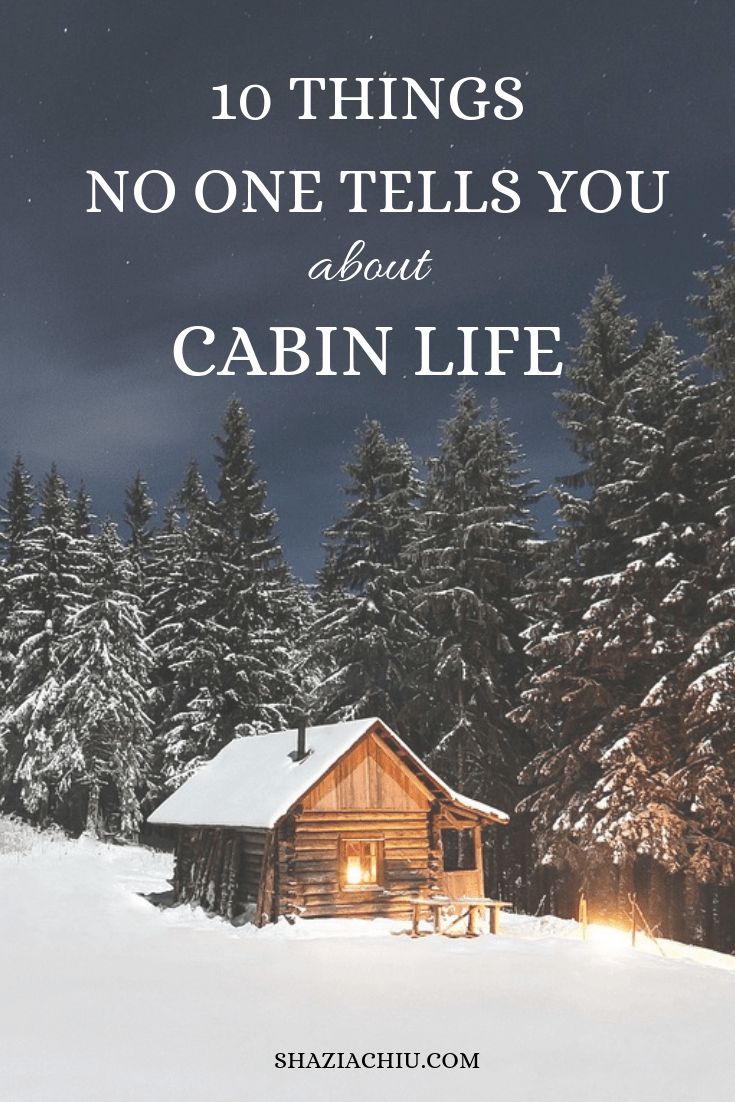 cabin in the snow with text overlay saying 10 things no one tells you about cabin life